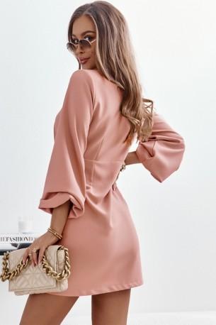 Rožnata enobarvna obleka z visokim pasom z V-izrezom Aria