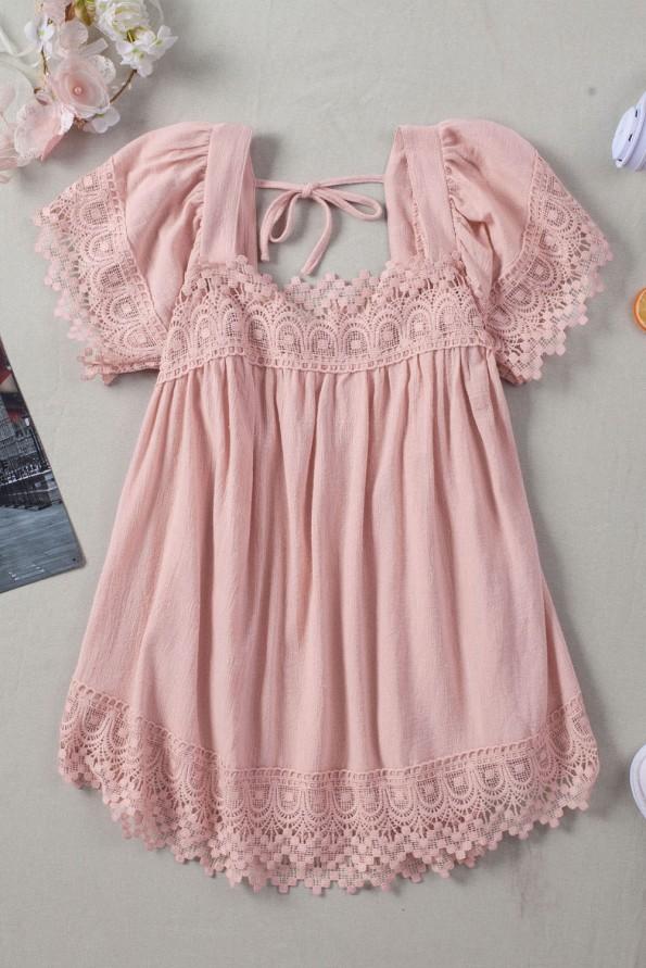 Rožnata čipkasta bluza s kvadratnim izrezom Nina