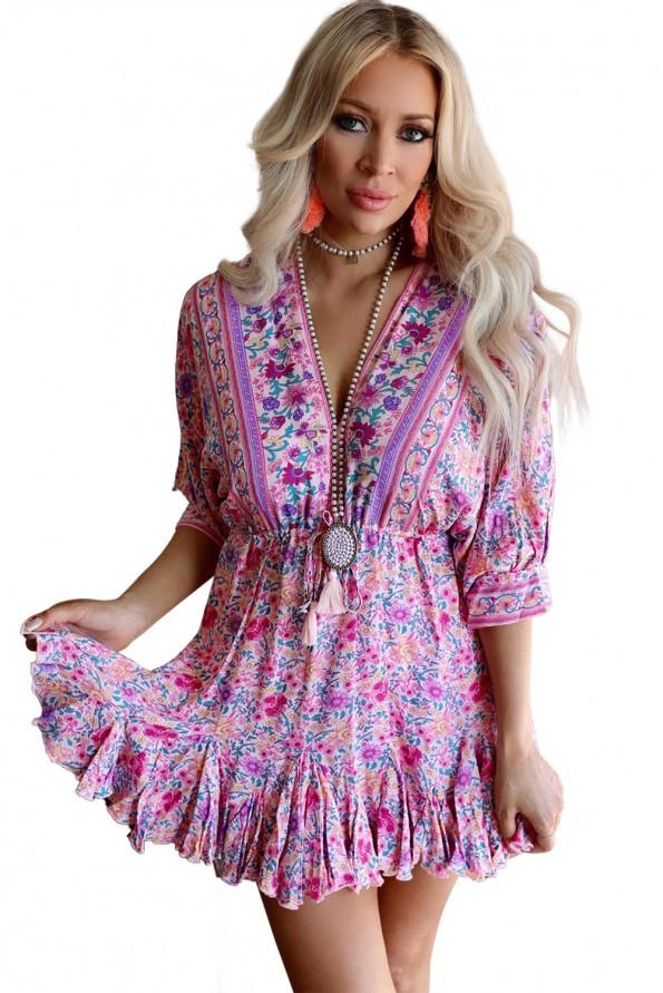 Rožnata mini obleka s cvetličnim V izrezom v boho z naborki Naya