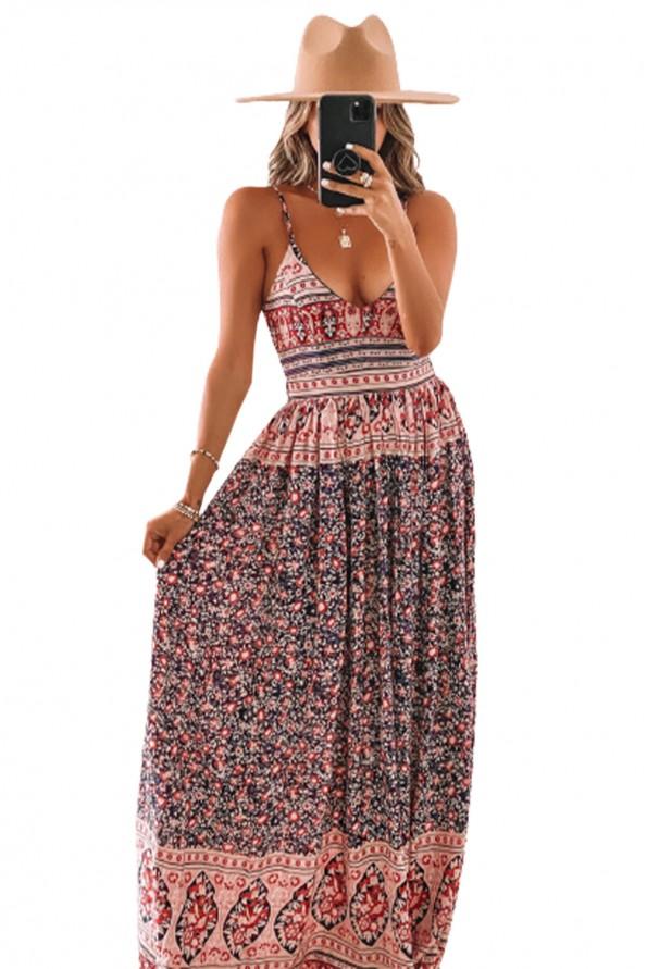 Rožnata obleka brez hrbta s cvetličnim tiskom Boho