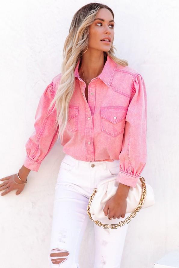 Rožnata srajca iz jeansa na zapenjanje z gumbi Kayla