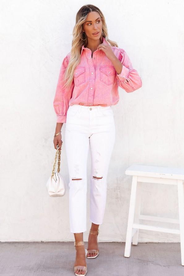 Rožnata srajca iz jeansa na zapenjanje z gumbi Kayla