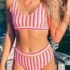 Rožnate črtaste bikini kopalke z U-izrezom s srednjim pasom Alina
