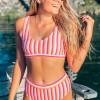 Rožnate črtaste bikini kopalke z U-izrezom s srednjim pasom Alina