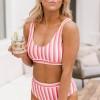 Rožnate črtaste bikini kopalke z U-izrezom s srednjim pasom Alina