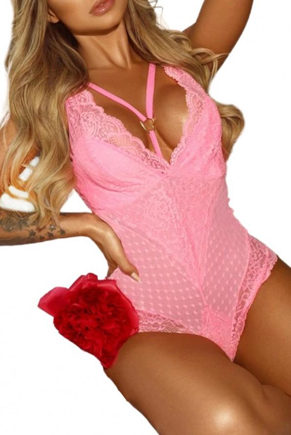 Rožnato spodnje perilo Teddy z naramnicami in v-izrezom