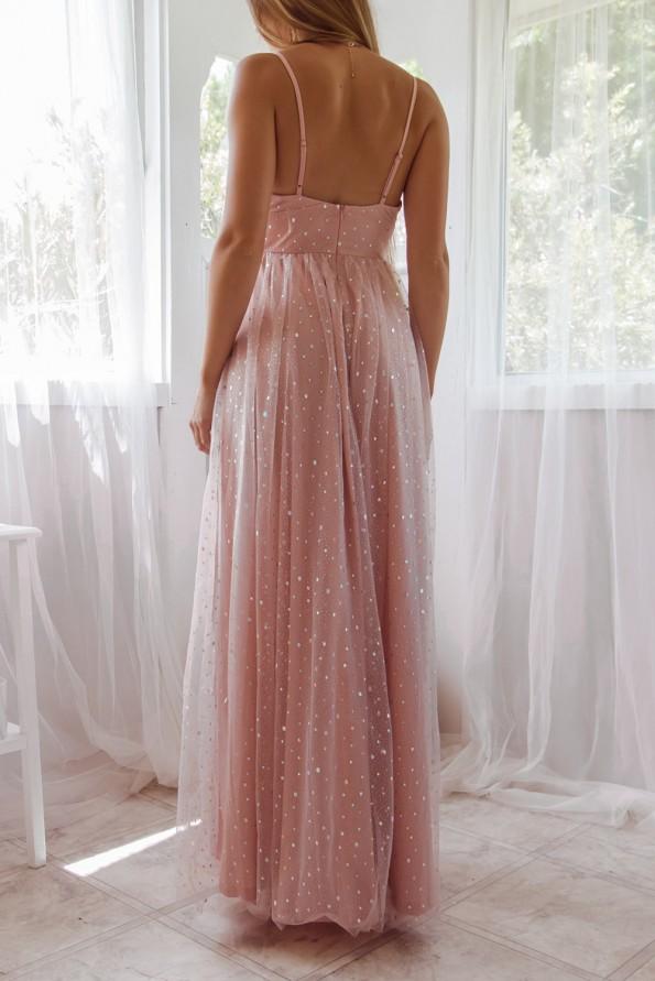 Roza široka obleka z bleščicami Tea