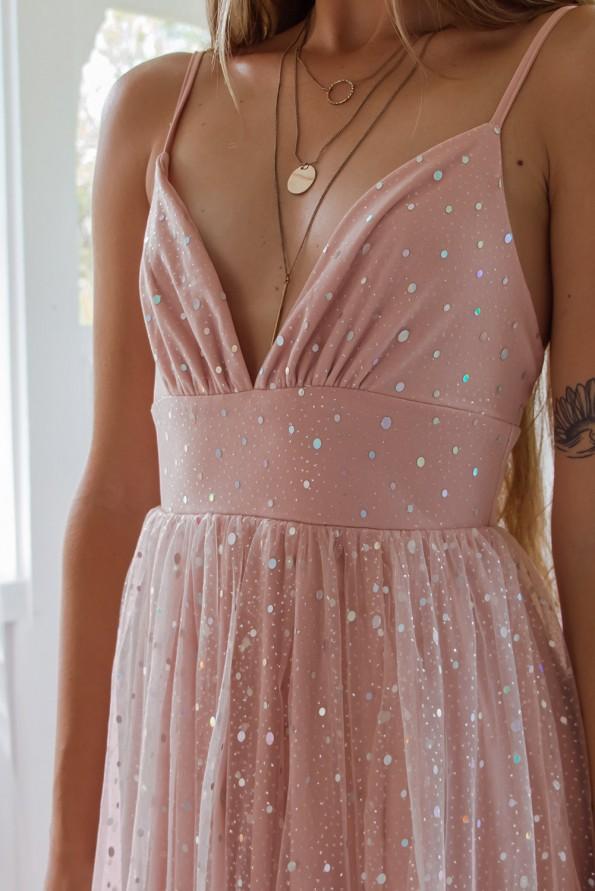 Roza široka obleka z bleščicami Tea