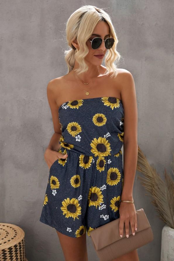 Rumeni kombinezon s cvetličnim potiskom z žepi Olivia