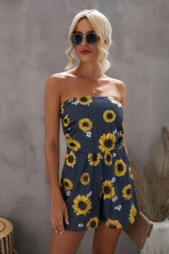 Rumeni kombinezon s cvetličnim potiskom z žepi Olivia