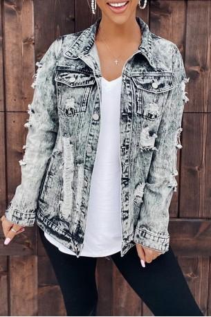 Siva raztrgana denim jakna z gumbi Lotte