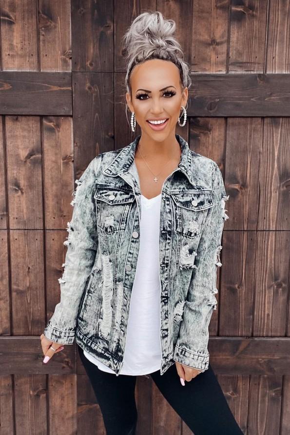 Siva raztrgana denim jakna z gumbi Lotte