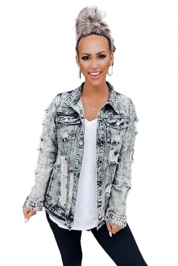 Siva raztrgana denim jakna z gumbi Lotte