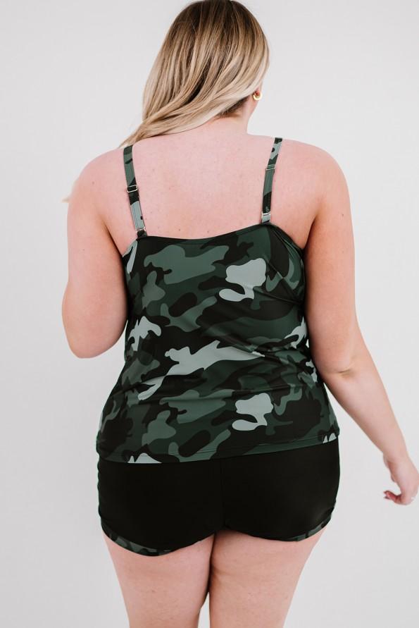 Tankini velike velikosti s kvadratnim vratom z zelenim tiskom Army