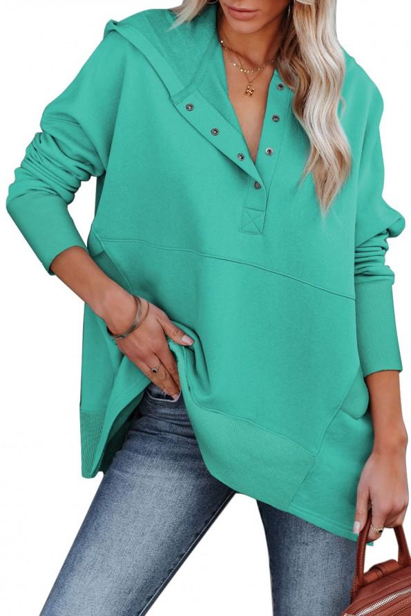 Turkizna majica s kapuco Henley z rokavi