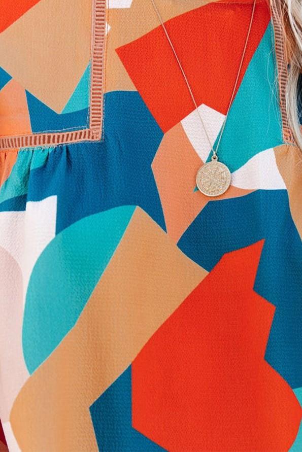 Večbarvna bluza z abstraktnim vzorcem in puhastimi rokavi Renna