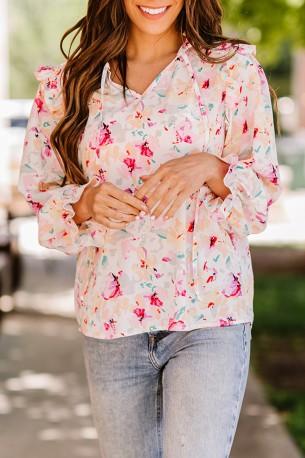 Večbarvna bluza z naborki z v-izrezom in vrvicami Jasmine