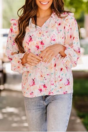 Večbarvna bluza z naborki z v-izrezom in vrvicami Jasmine