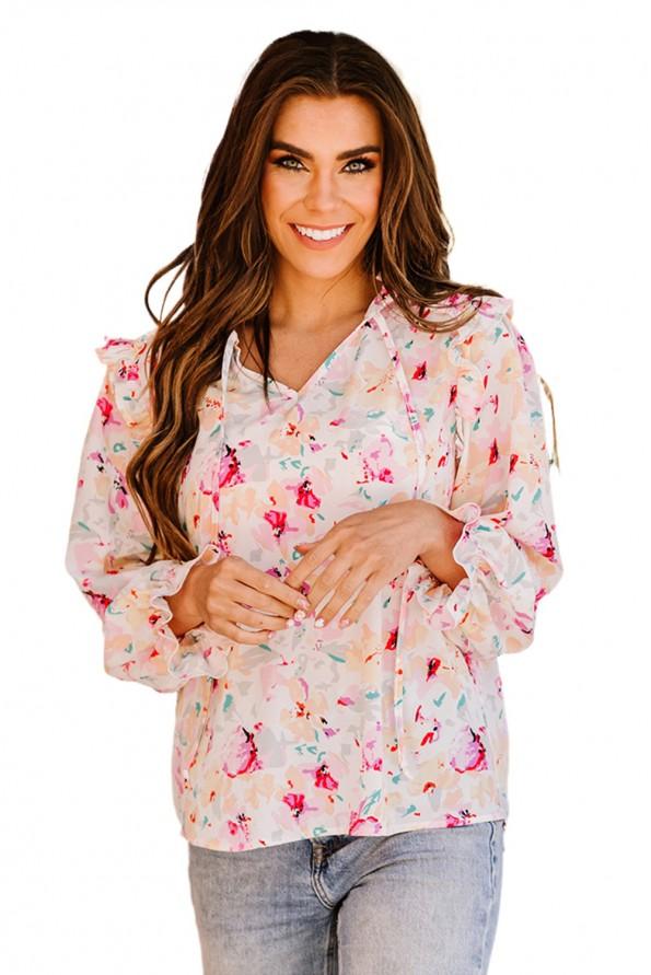 Večbarvna bluza z naborki z v-izrezom in vrvicami Jasmine