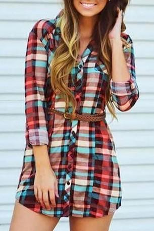 Večbarvna karirasta mini obleka z dolgimi rokavi in žepi na gumbe Piana