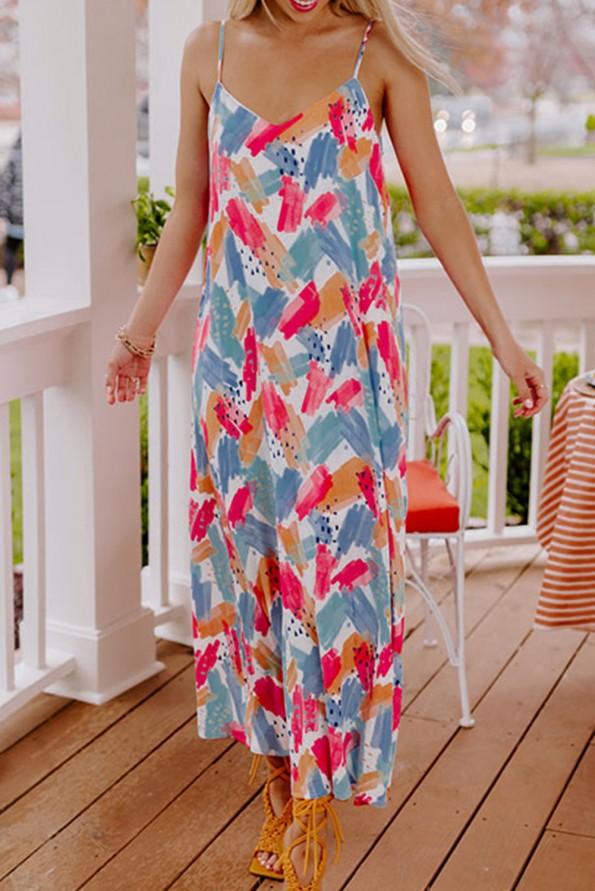 Večbarvna maksi obleka z abstraktnim tiskom Pia