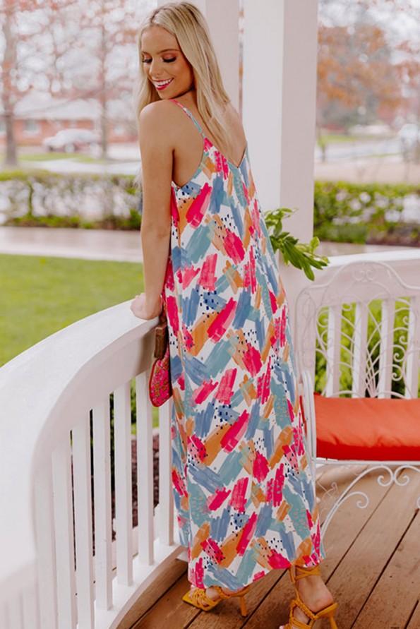 Večbarvna maksi obleka z abstraktnim tiskom Pia