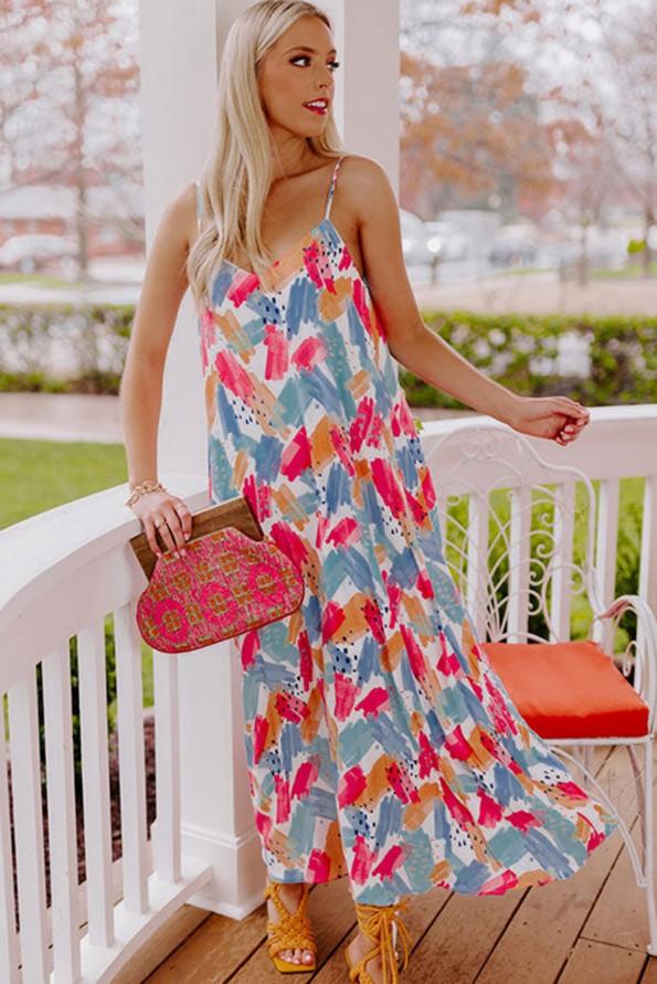 Večbarvna maksi obleka z abstraktnim tiskom Pia