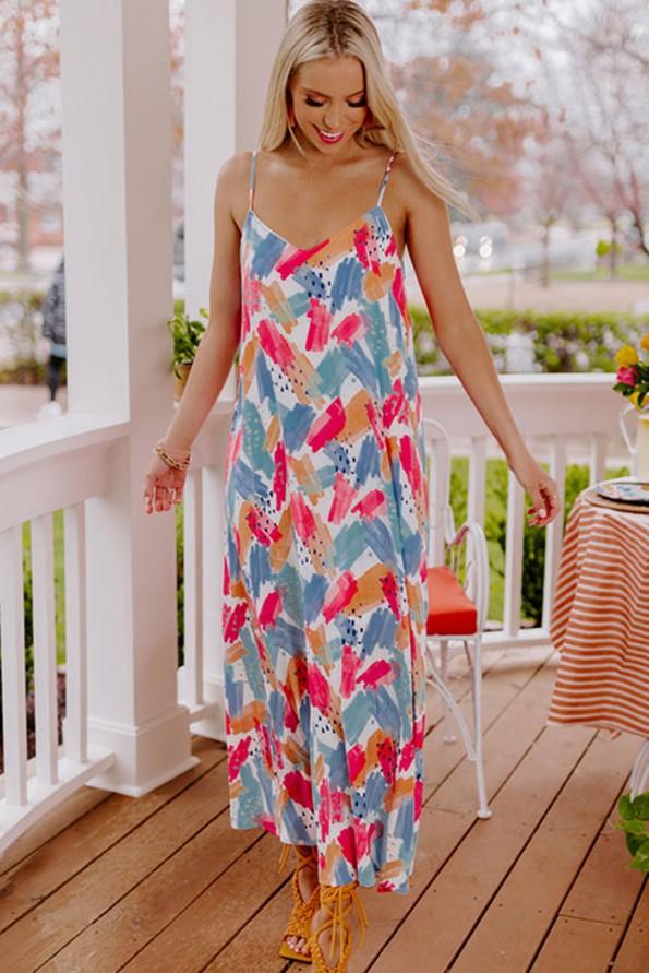 Večbarvna maksi obleka z abstraktnim tiskom Pia