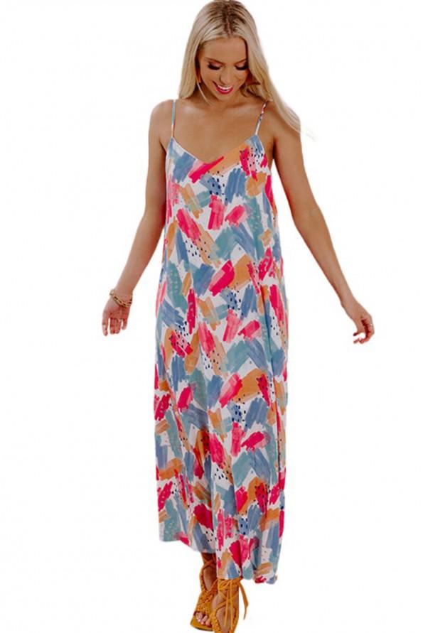 Večbarvna maksi obleka z abstraktnim tiskom Pia
