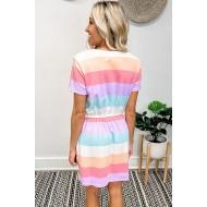 Večbarvna črtasta obleka s kratkimi rokavi in z V izrezom Isabella