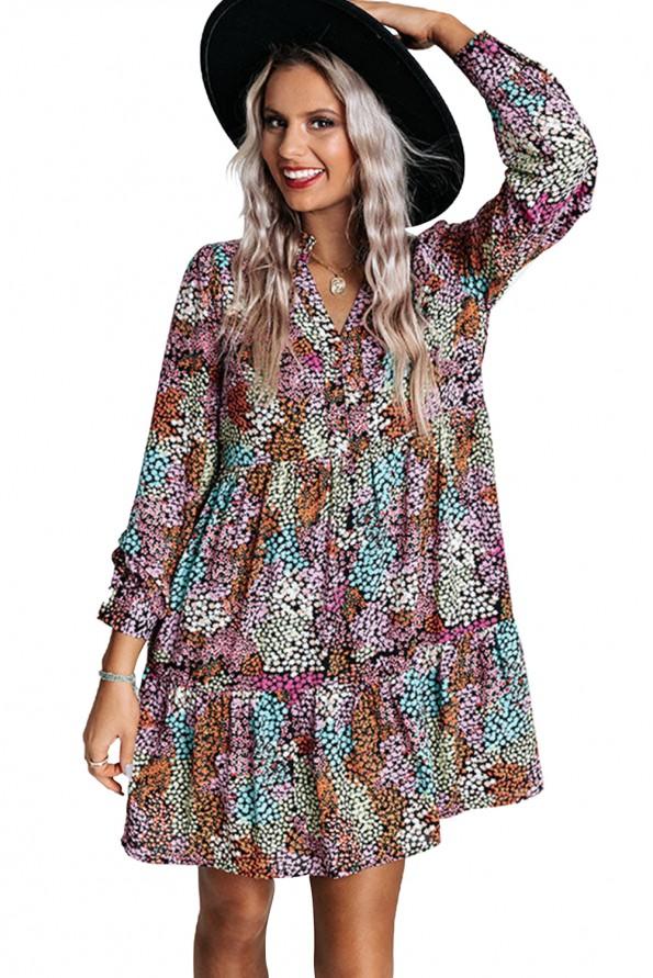 Večbarvna srajčna obleka z visokim pasom in v-izrezom s cvetličnim vzorcem Dorota