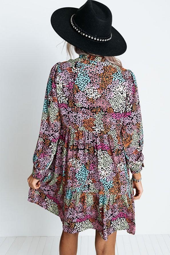 Večbarvna srajčna obleka z visokim pasom in v-izrezom s cvetličnim vzorcem Dorota