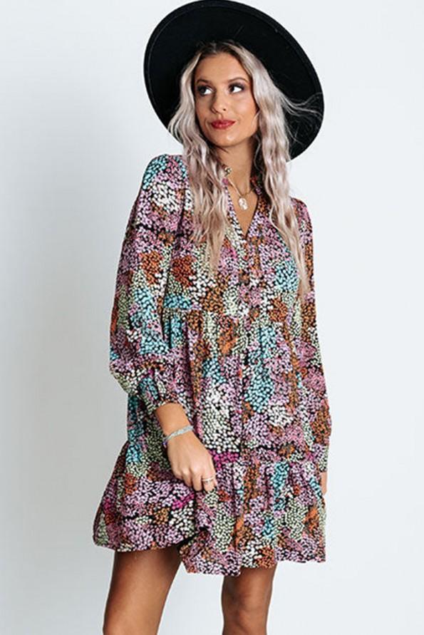 Večbarvna srajčna obleka z visokim pasom in v-izrezom s cvetličnim vzorcem Dorota