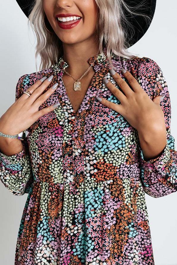 Večbarvna srajčna obleka z visokim pasom in v-izrezom s cvetličnim vzorcem Dorota