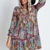 Večbarvna srajčna obleka z visokim pasom in v-izrezom s cvetličnim vzorcem Dorota