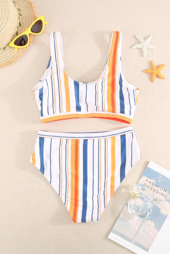 Večbarvne bikini kopalke s črtastim tiskom z U-izrezom in srednjim pasom Dornina