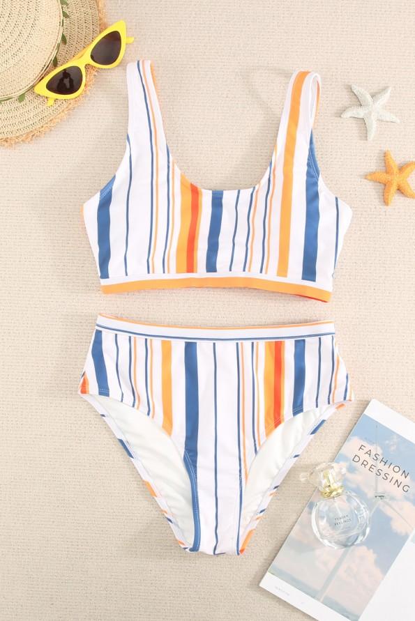 Večbarvne bikini kopalke s črtastim tiskom z U-izrezom in srednjim pasom Dornina