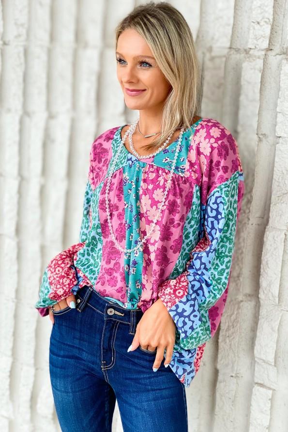 Večbarvni ohlapen pulover s cvetličnim leopardom in patchwork Rina