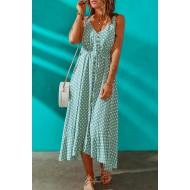 Zelena maksi obleka z V izrezom s pikčastim tiskom Joanna