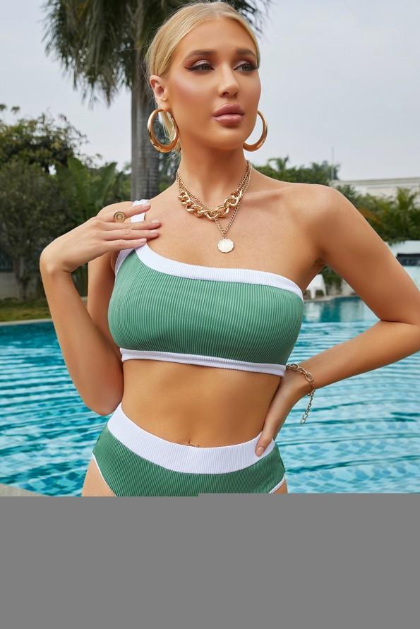 Zeleni komplet bikini z visokim pasom na eno ramo Ulla