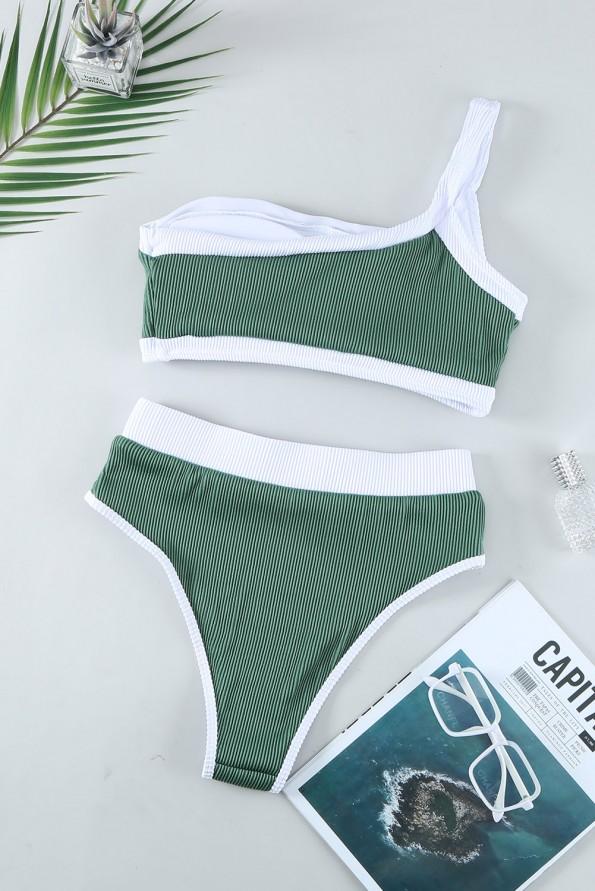 Zeleni komplet bikini z visokim pasom na eno ramo Ulla