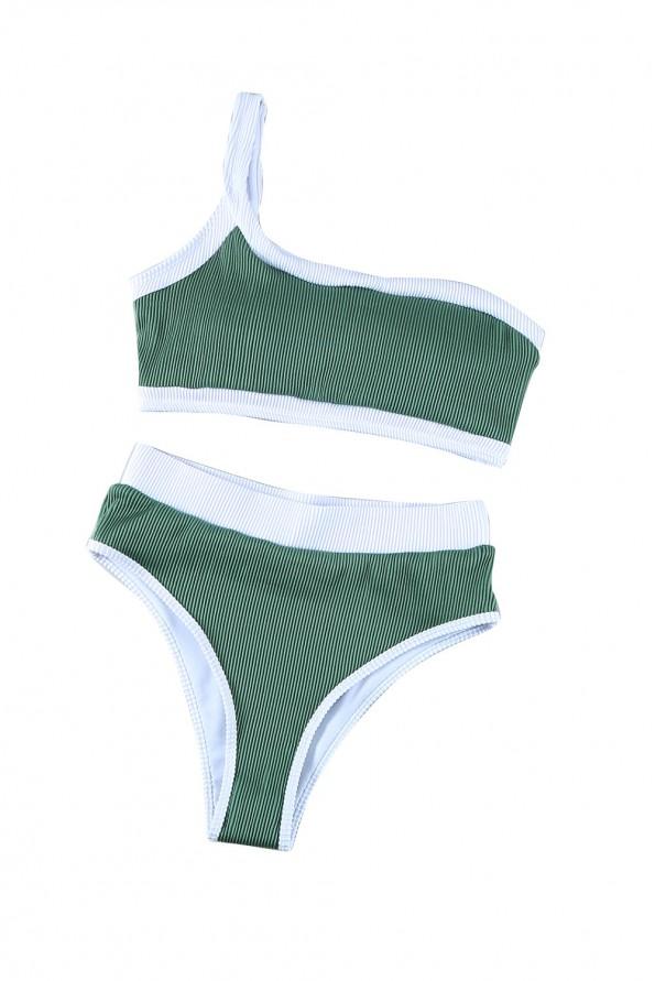 Zeleni komplet bikini z visokim pasom na eno ramo Ulla