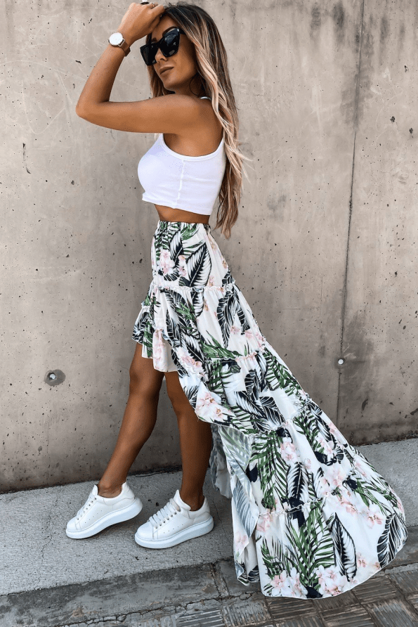 Zeleno visoko krilo s tropskim cvetličnim tiskom julianna