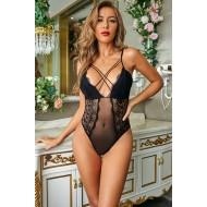 Atraktiven črno čipkast bodi Charlotte s križnimi vezalkami