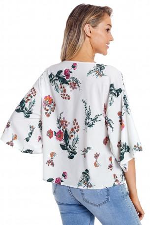 Bela bluza Addyson s cvetličnimi vzorci in kimono rokavi