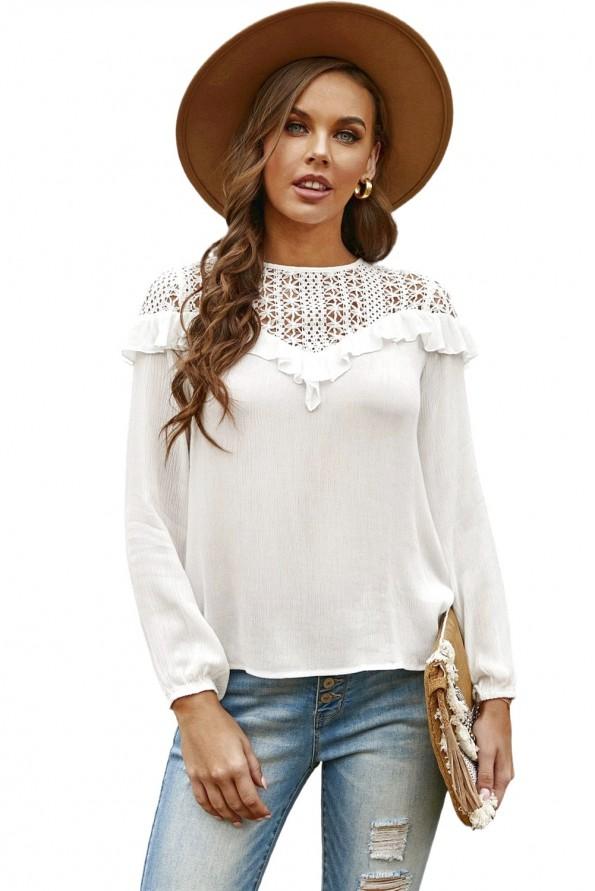 Bela bluza Alivia z dolgimi rokavi in čipko