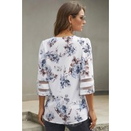Bela cvetlična bluza Savanna s prosojnimi kontrastnimi črtami