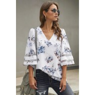 Bela cvetlična bluza Savanna s prosojnimi kontrastnimi črtami