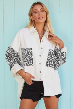 Bela jeans jakna z leopardjim kontrastom iz bombaža Nelly