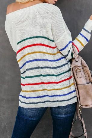 Beli pleteni pulover Juno s črtami